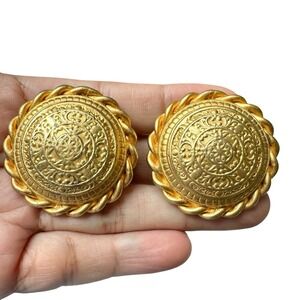 VTG Statement Earrings 1.75 Inch Medallion Rope Style‎ Edging Clips Round Gold